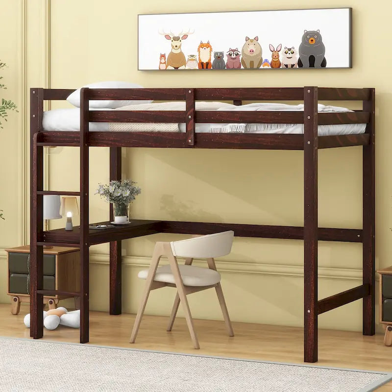 Wood Loft Bed with Built-in Desk and Safety Guardrails