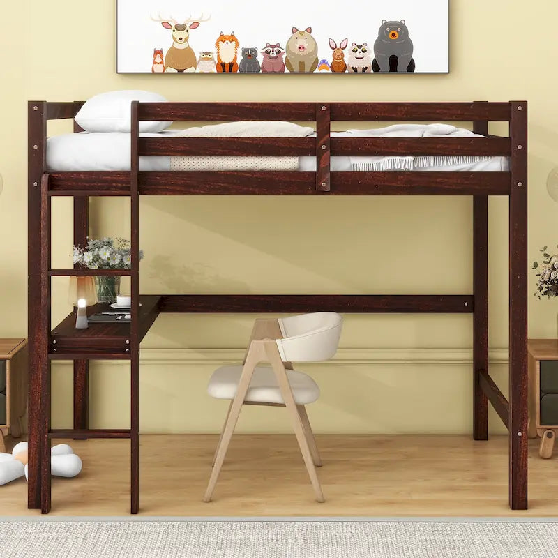 Wood Loft Bed with Built-in Desk and Safety Guardrails