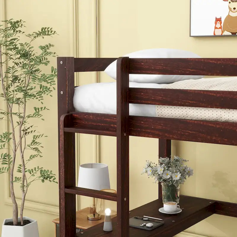 Wood Loft Bed with Built-in Desk and Safety Guardrails