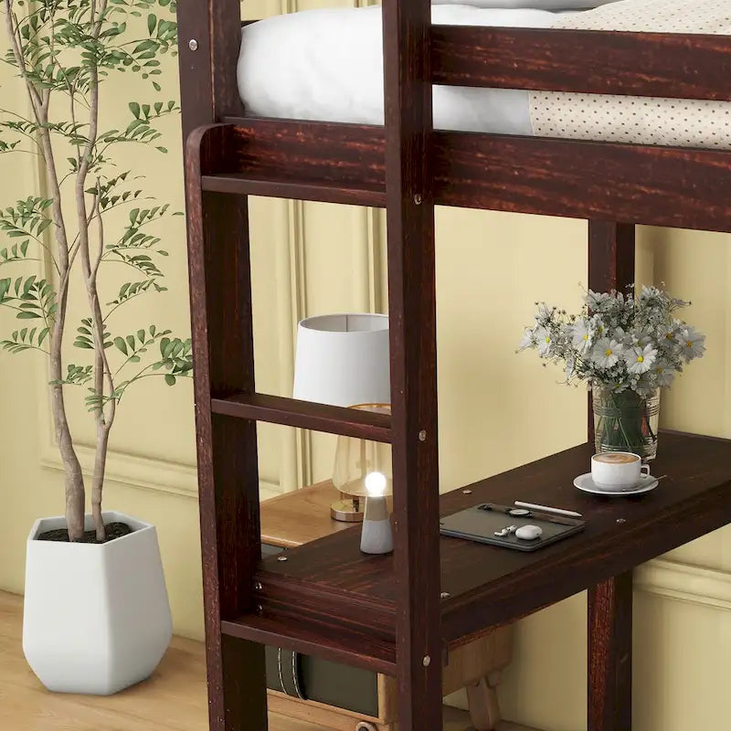 Wood Loft Bed with Built-in Desk and Safety Guardrails