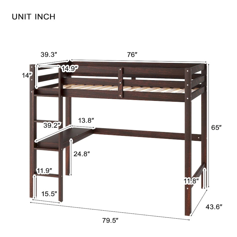 Wood Loft Bed with Built-in Desk and Safety Guardrails