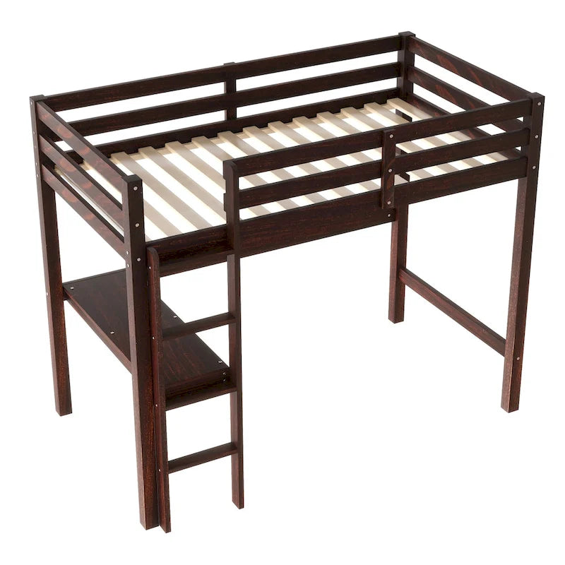 Wood Loft Bed with Built-in Desk and Safety Guardrails