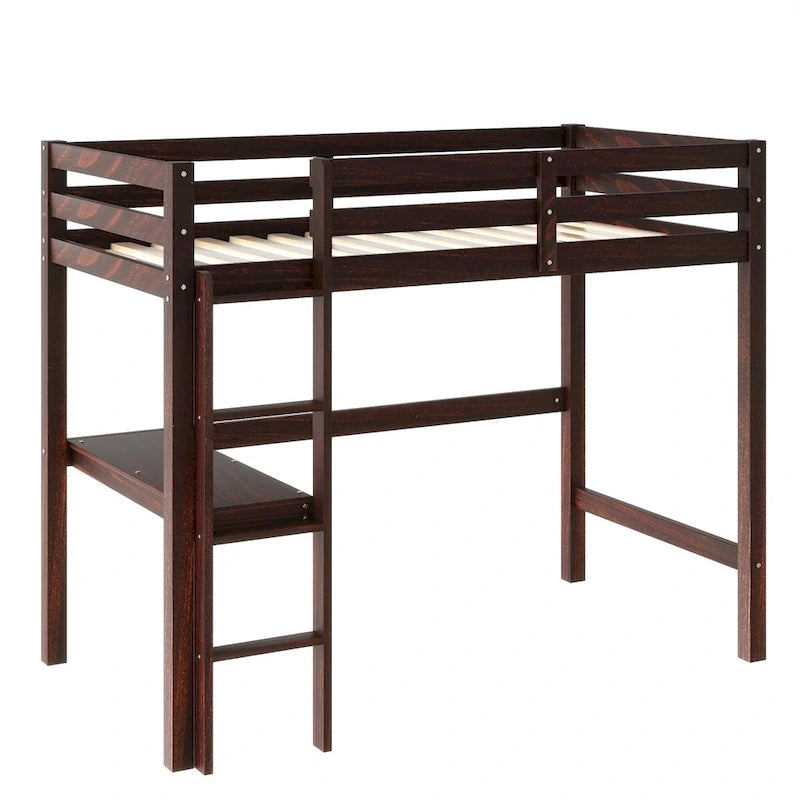 Wood Loft Bed with Built-in Desk and Safety Guardrails