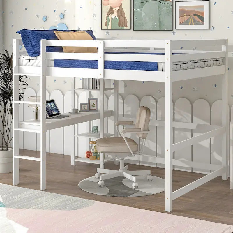 Wood Loft Bed with Built-in Desk and Safety Guardrails