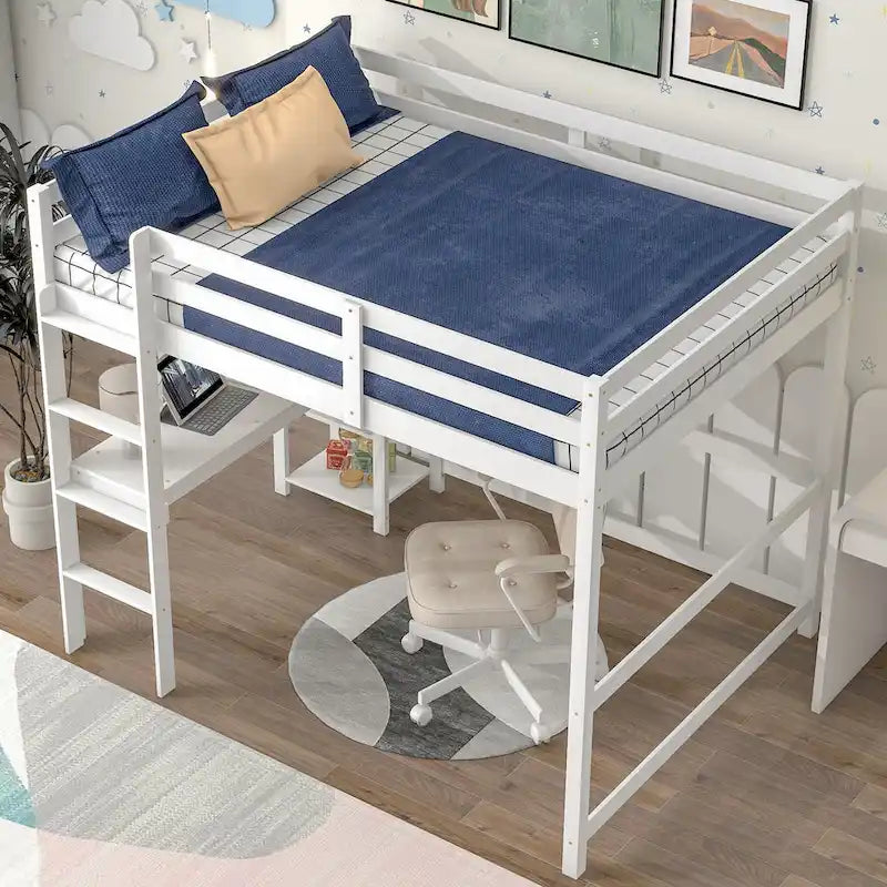 Wood Loft Bed with Built-in Desk and Safety Guardrails