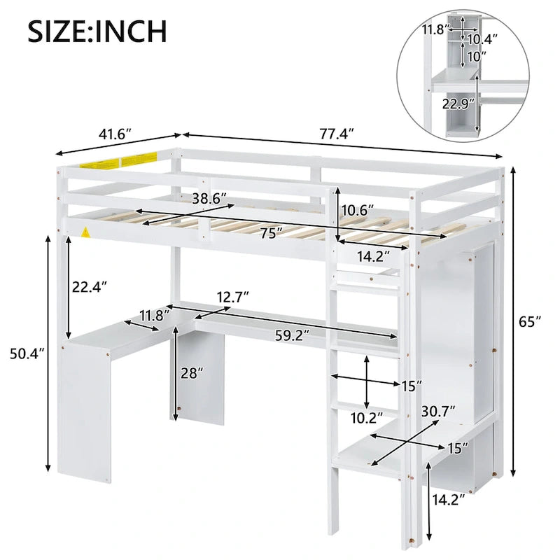 Solid Wood Loft Bed with L-shaped Desk and Storage Shelves