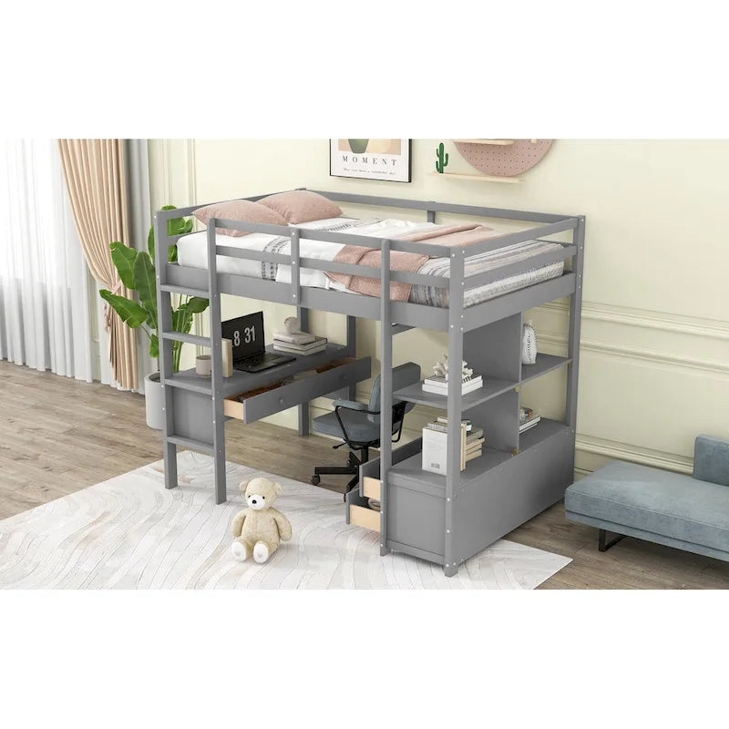 Pine Loft Bed with Built-in Desk & Drawers