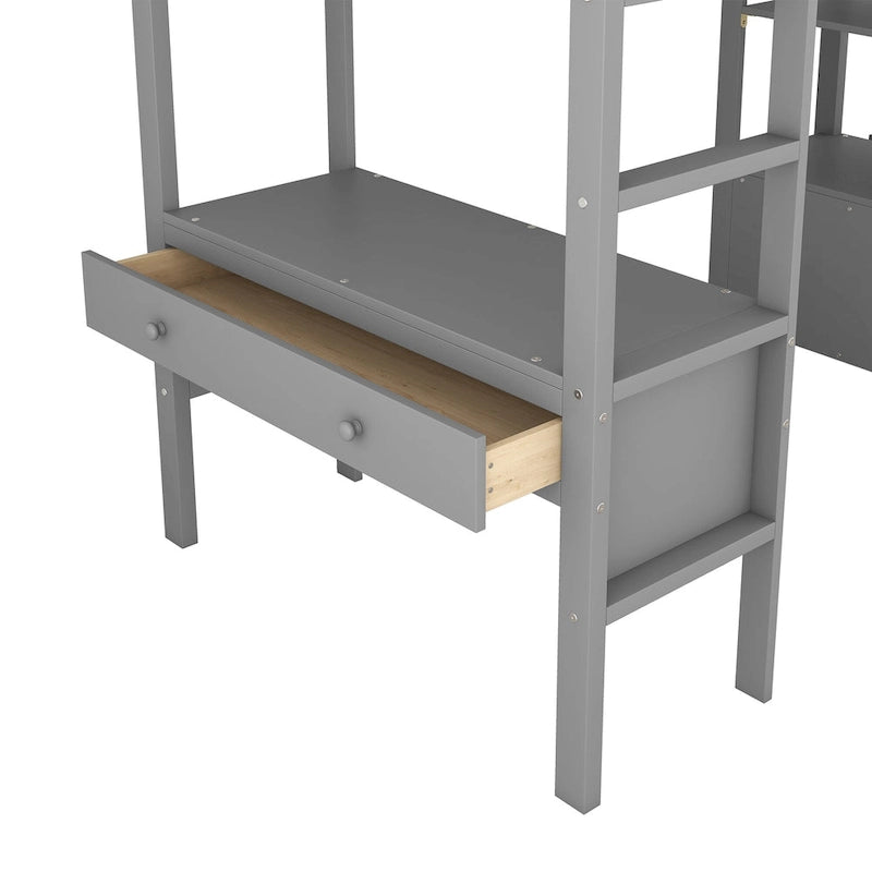 Pine Loft Bed with Built-in Desk & Drawers
