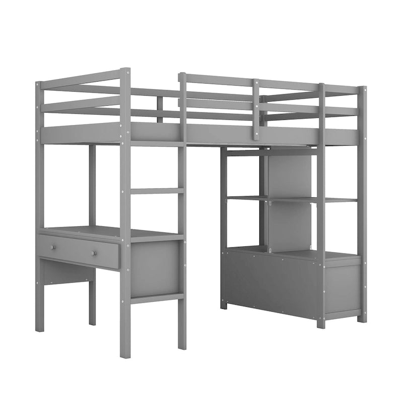 Pine Loft Bed with Built-in Desk & Drawers