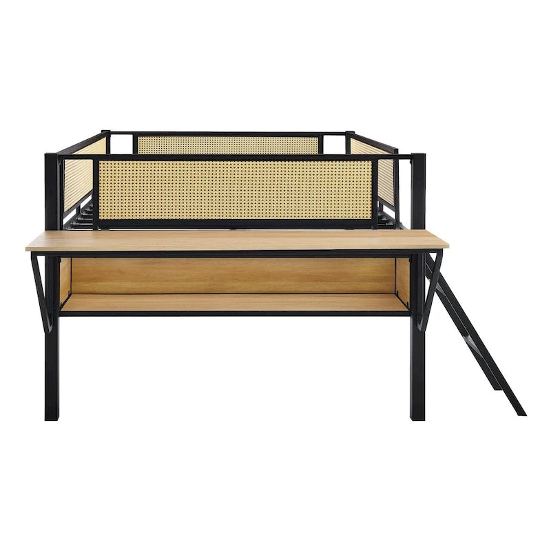 Metal Loft Bed with Desk, LED Lights & Storage