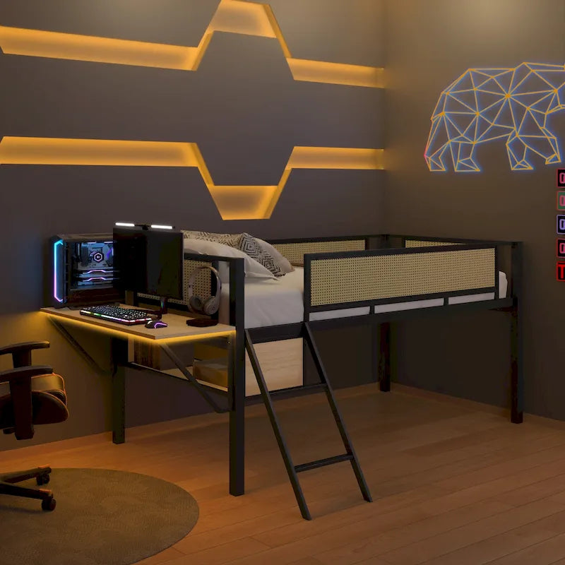 Twin Size Metal Loft Bed with Rectangular Desk, LED Lights, and Storage