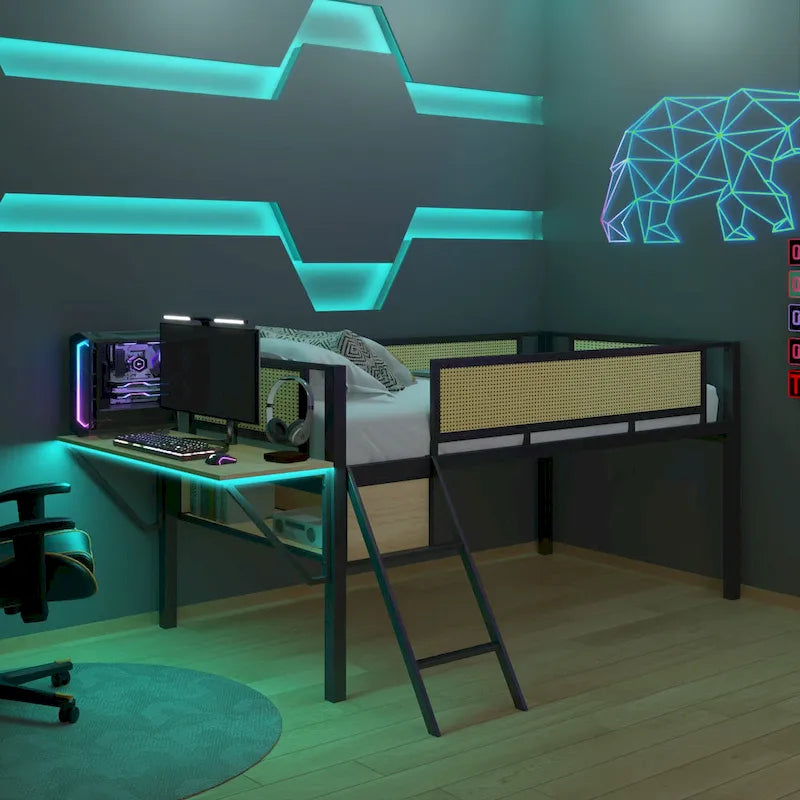 Twin Size Metal Loft Bed with Rectangular Desk, LED Lights, and Storage