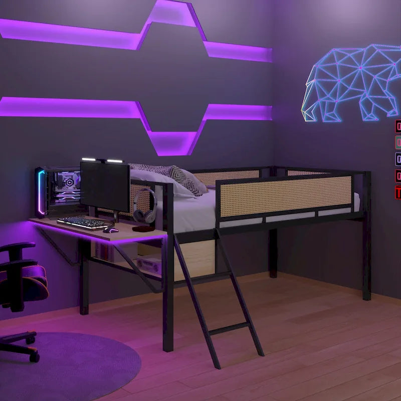 Twin Size Metal Loft Bed with Rectangular Desk, LED Lights, and Storage