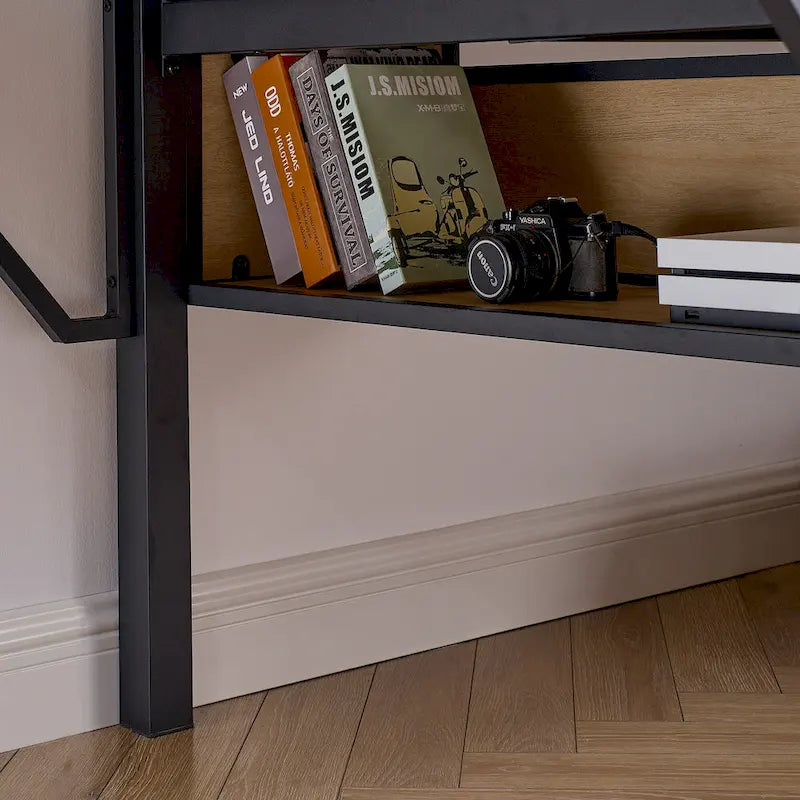 Twin Size Metal Loft Bed with Rectangular Desk, LED Lights, and Storage
