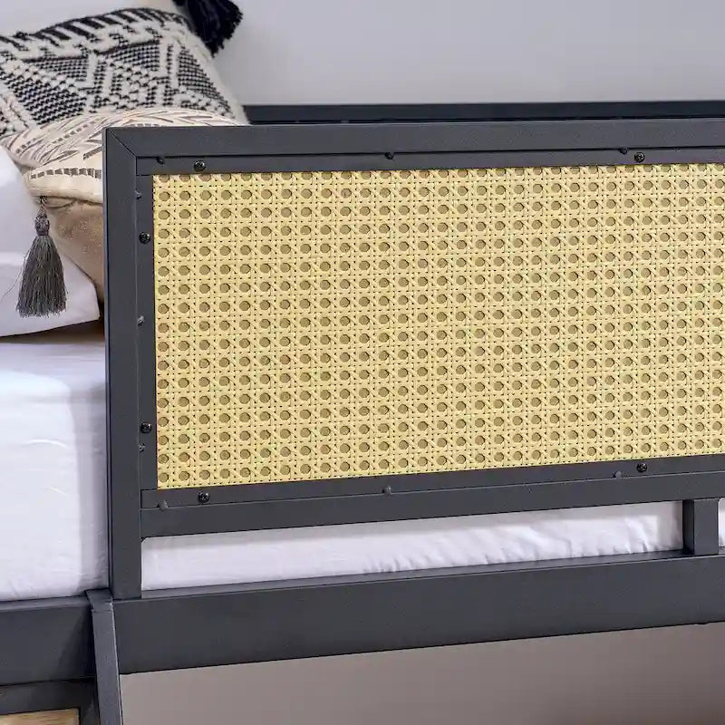 Twin Size Metal Loft Bed with Rectangular Desk, LED Lights, and Storage