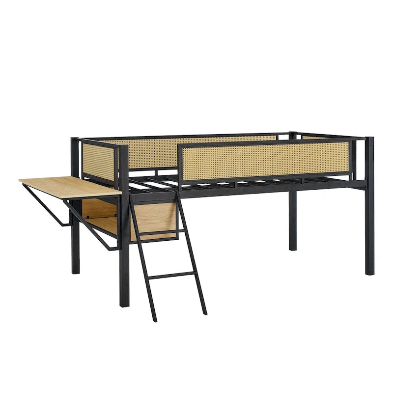 Twin Size Metal Loft Bed with Rectangular Desk, LED Lights, and Storage