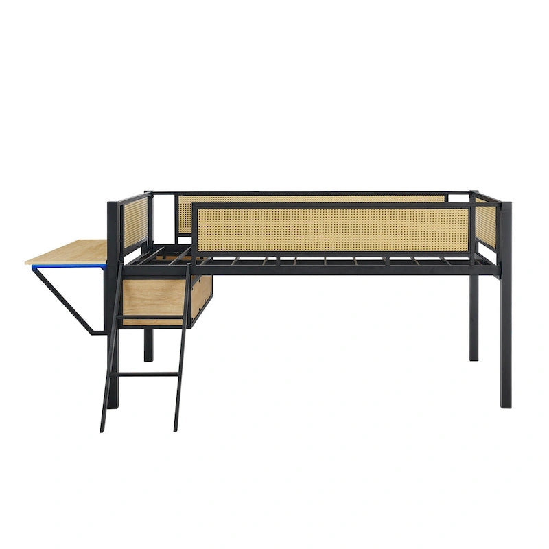Twin Size Metal Loft Bed with Rectangular Desk, LED Lights, and Storage