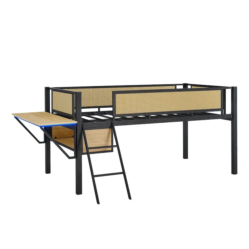 Twin Size Metal Loft Bed with Rectangular Desk, LED Lights, and Storage