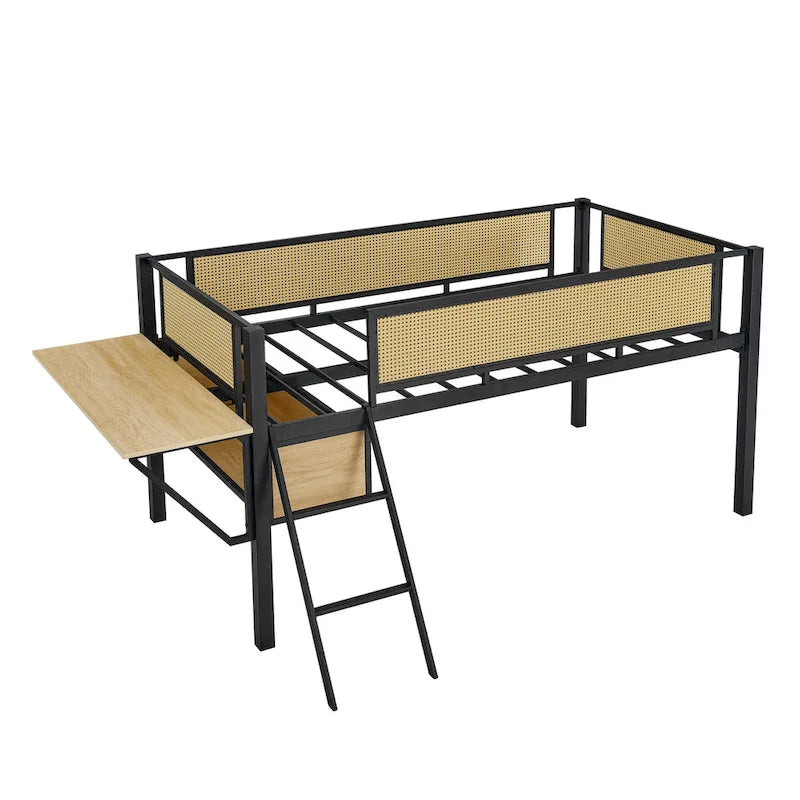 Twin Size Metal Loft Bed with Rectangular Desk, LED Lights, and Storage