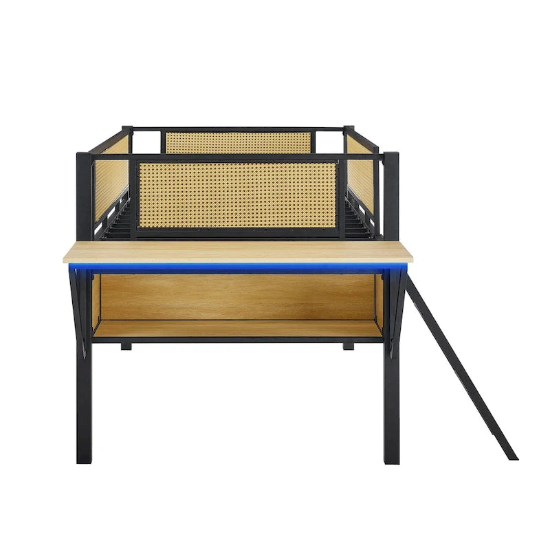 Twin Size Metal Loft Bed with Rectangular Desk, LED Lights, and Storage