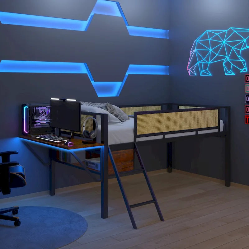 Twin Size Metal Loft Bed with Rectangular Desk, LED Lights, and Storage