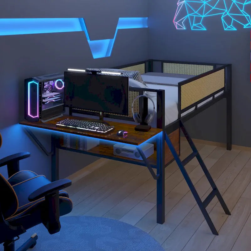Twin Size Metal Loft Bed with Rectangular Desk, LED Lights, and Storage