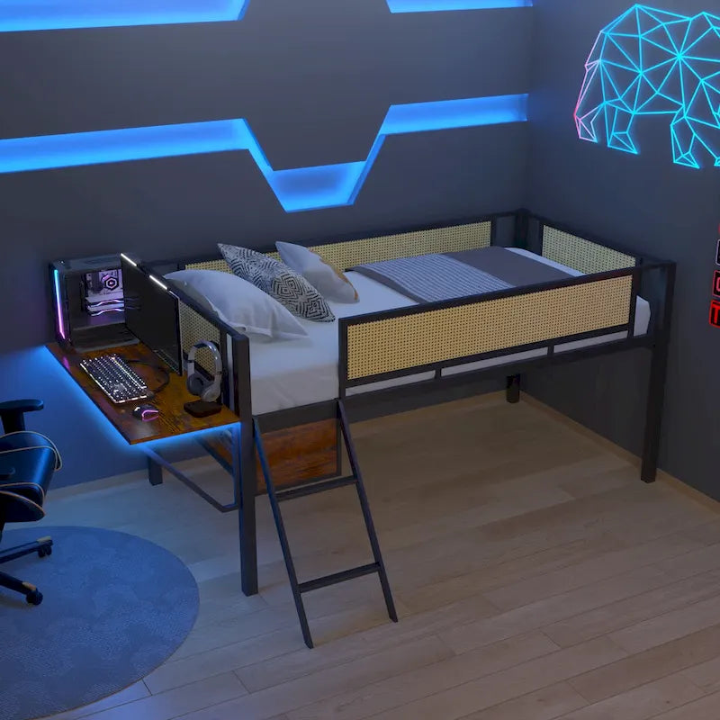 Twin Size Metal Loft Bed with Rectangular Desk, LED Lights, and Storage