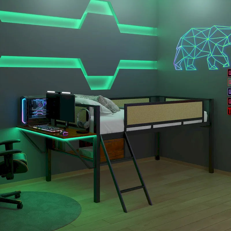 Twin Size Metal Loft Bed with Rectangular Desk, LED Lights, and Storage