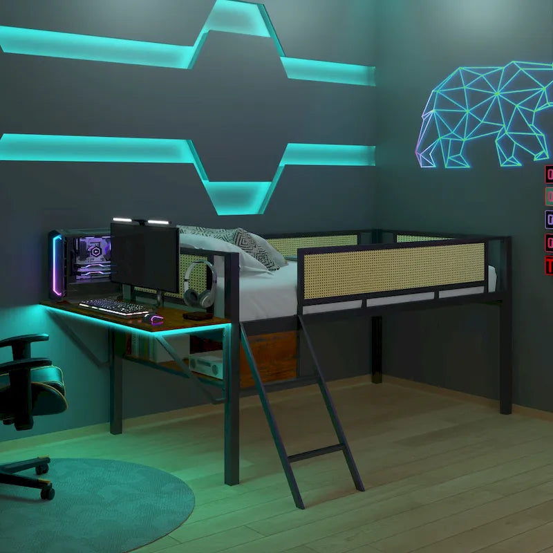 Twin Size Metal Loft Bed with Rectangular Desk, LED Lights, and Storage