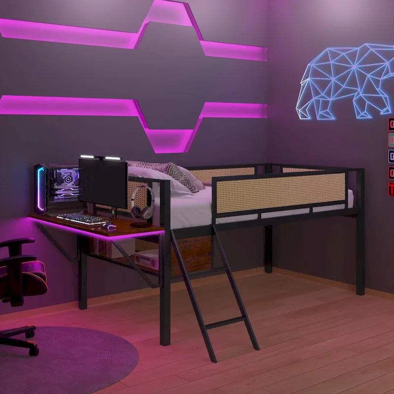 Twin Size Metal Loft Bed with Rectangular Desk, LED Lights, and Storage