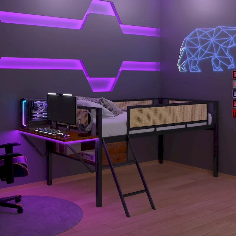 Twin Size Metal Loft Bed with Rectangular Desk, LED Lights, and Storage