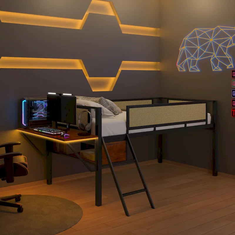 Twin Size Metal Loft Bed with Rectangular Desk, LED Lights, and Storage