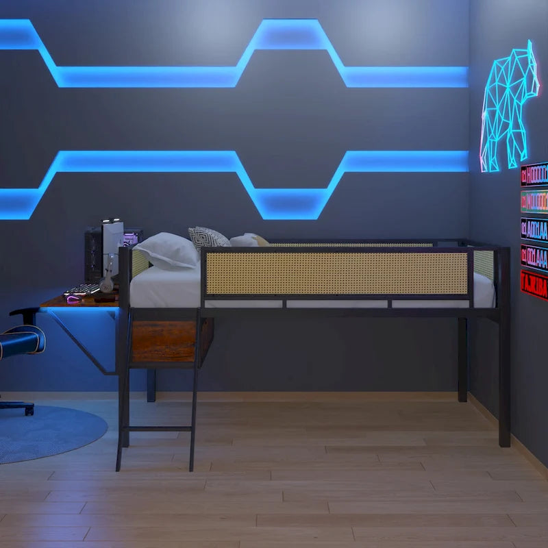 Twin Size Metal Loft Bed with Rectangular Desk, LED Lights, and Storage