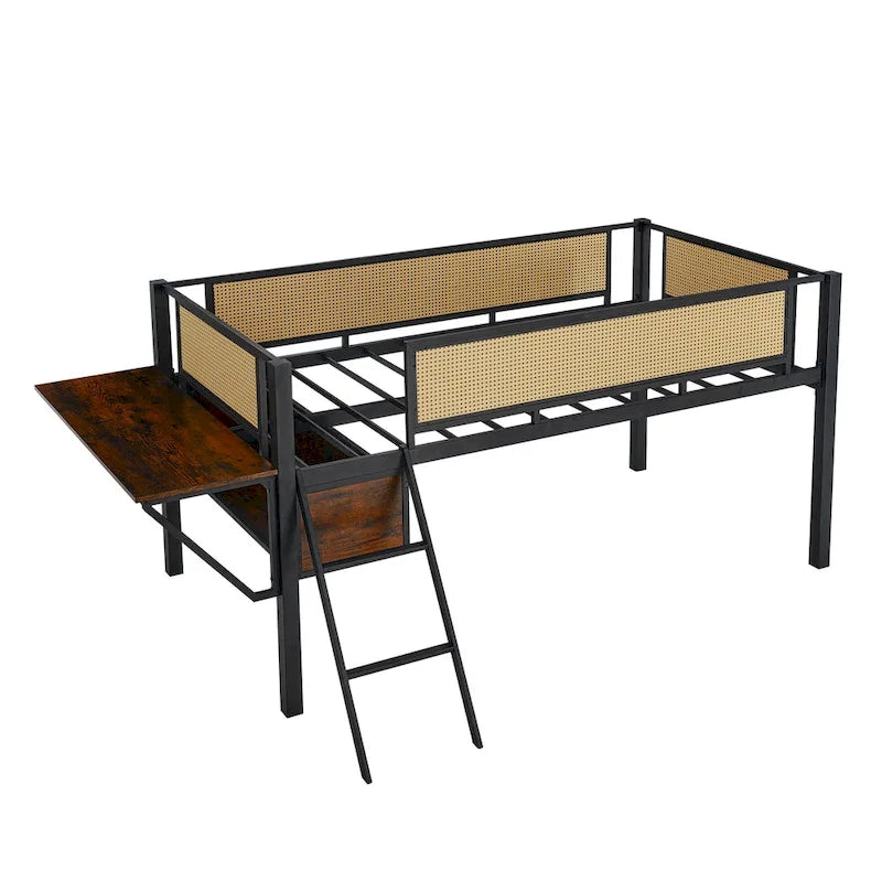 Twin Size Metal Loft Bed with Rectangular Desk, LED Lights, and Storage