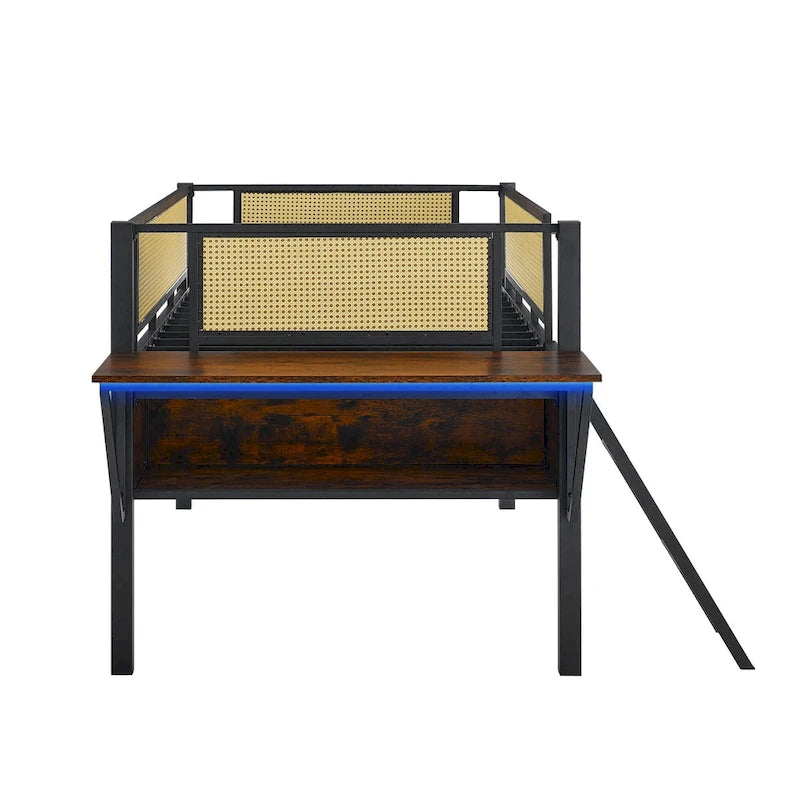 Twin Size Metal Loft Bed with Rectangular Desk, LED Lights, and Storage