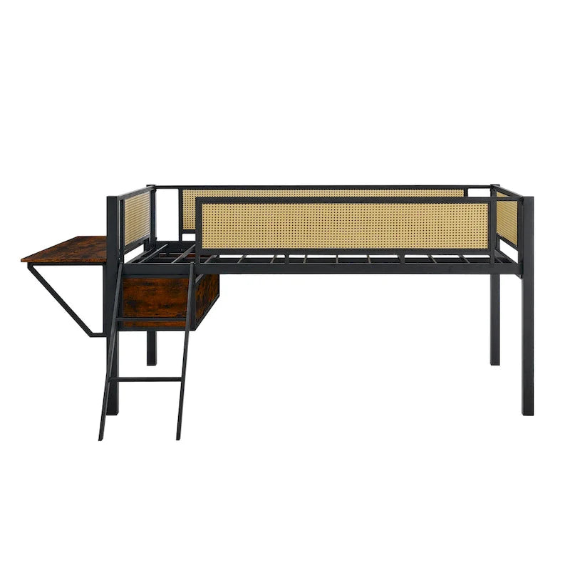 Twin Size Metal Loft Bed with Rectangular Desk, LED Lights, and Storage