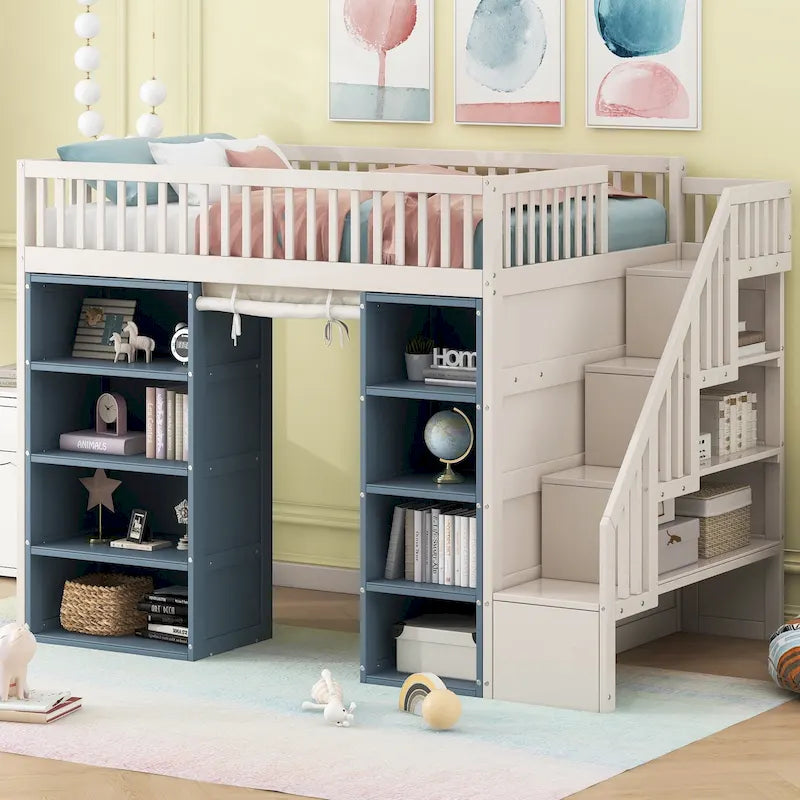 Full Size Solid Wood Loft Bed with 2 Storage Cabinets and Curtain