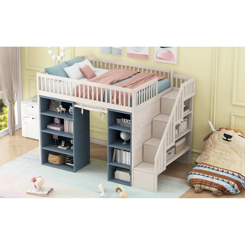 Full Size Solid Wood Loft Bed with 2 Storage Cabinets and Curtain