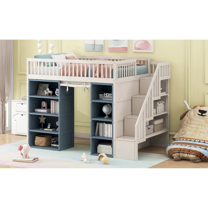 Full Size Solid Wood Loft Bed with 2 Storage Cabinets and Curtain