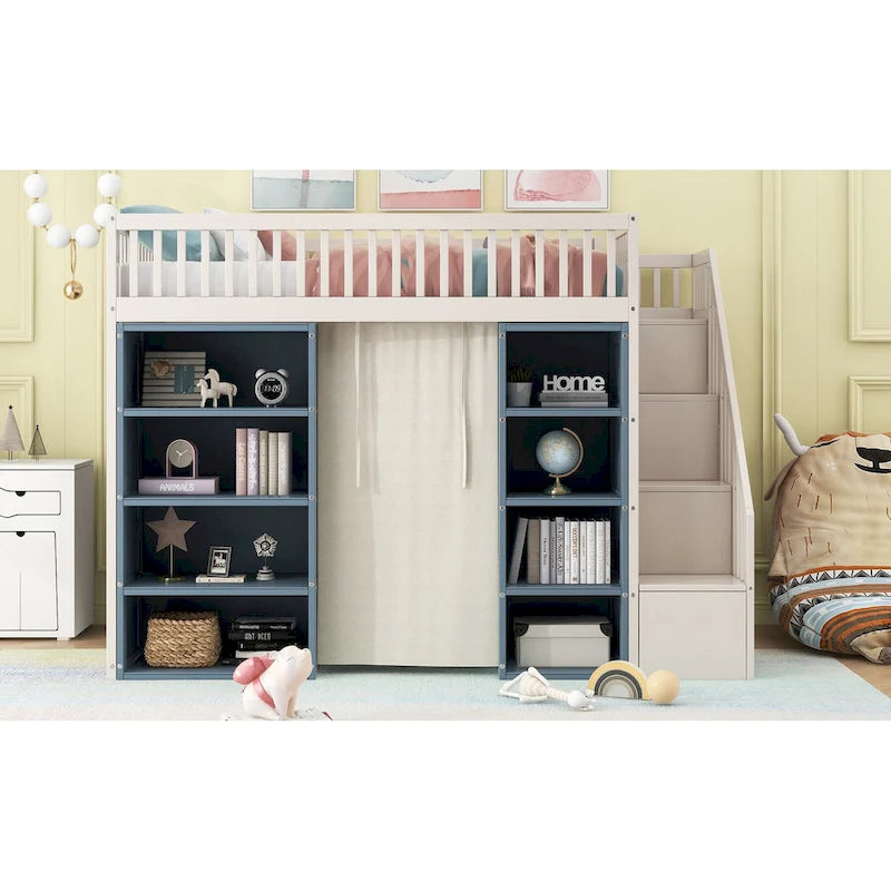 Full Size Solid Wood Loft Bed with 2 Storage Cabinets and Curtain