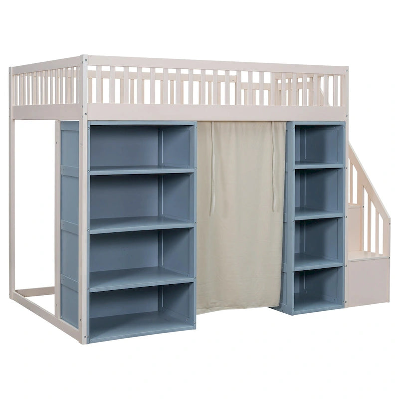 Full Size Solid Wood Loft Bed with 2 Storage Cabinets and Curtain