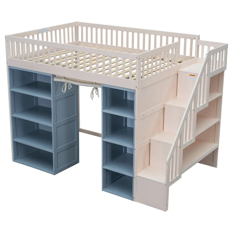 Full Size Solid Wood Loft Bed with 2 Storage Cabinets and Curtain