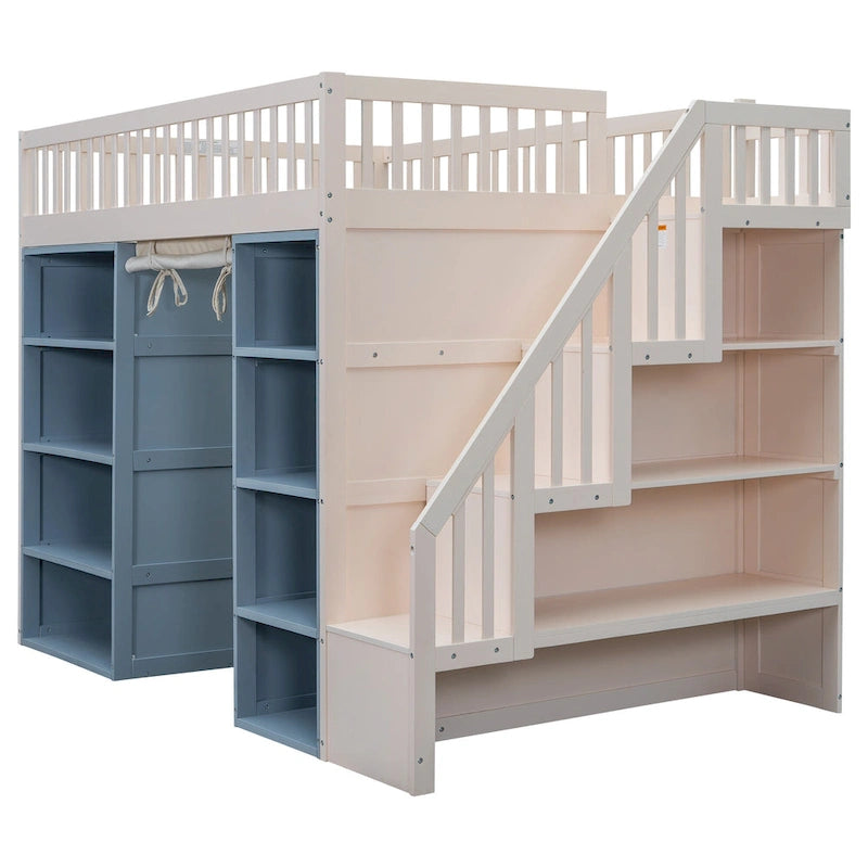 Full Size Solid Wood Loft Bed with 2 Storage Cabinets and Curtain