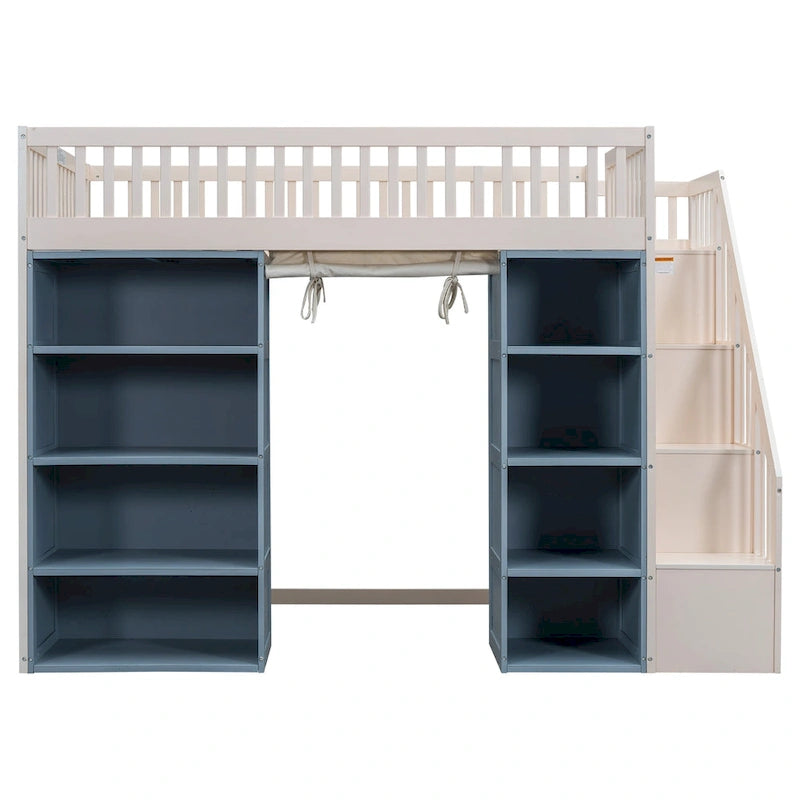 Full Size Solid Wood Loft Bed with 2 Storage Cabinets and Curtain