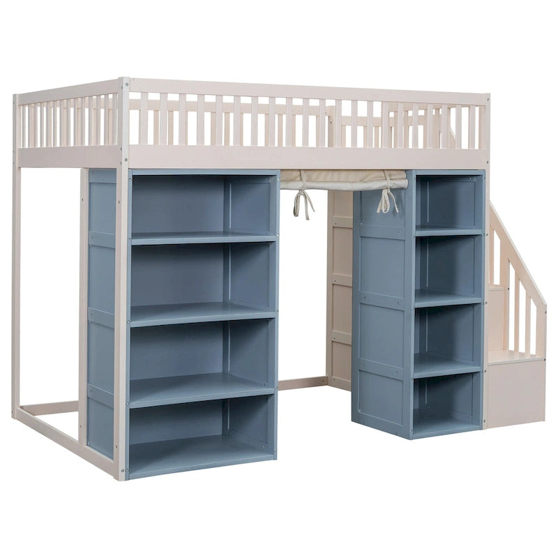 Full Size Solid Wood Loft Bed with 2 Storage Cabinets and Curtain