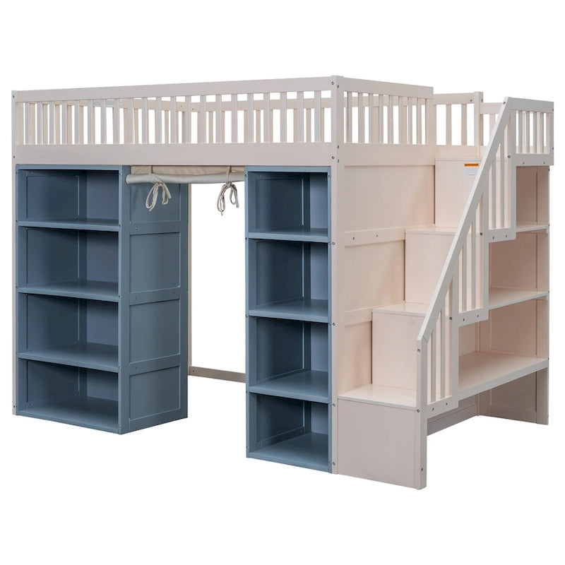 Full Size Solid Wood Loft Bed with 2 Storage Cabinets and Curtain