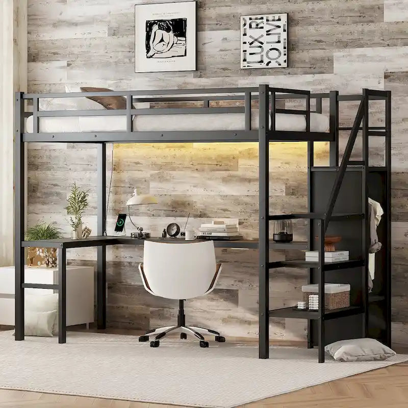 Twin XL Size Metal Loft Bed with L-shaped Desk, USB, and LED for Kids and Teens