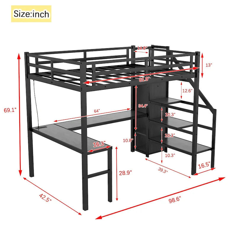 Twin XL Size Metal Loft Bed with L-shaped Desk, USB, and LED for Kids and Teens