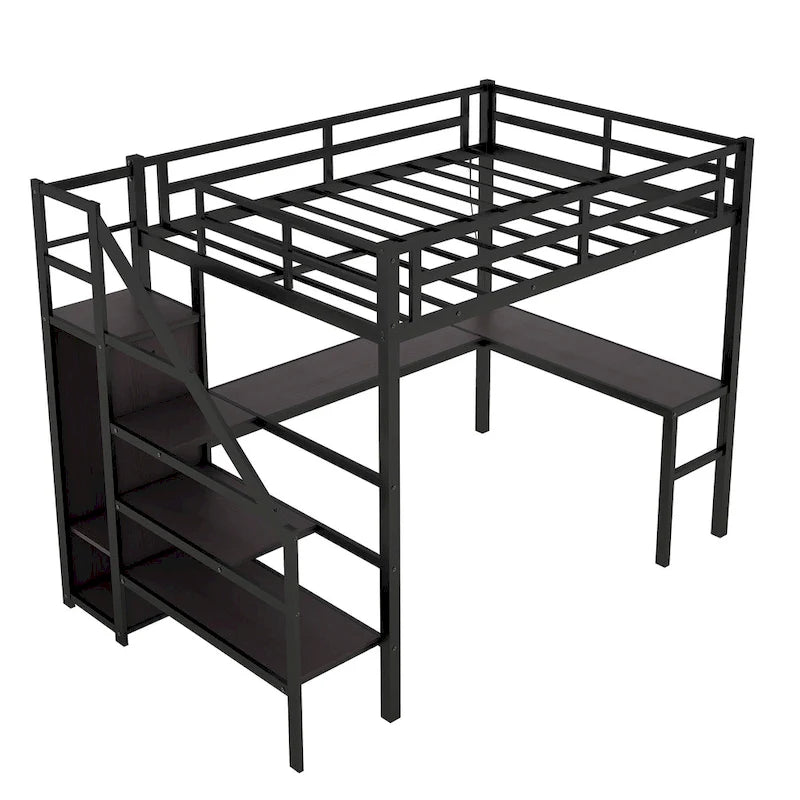 Twin XL Size Metal Loft Bed with L-shaped Desk, USB, and LED for Kids and Teens