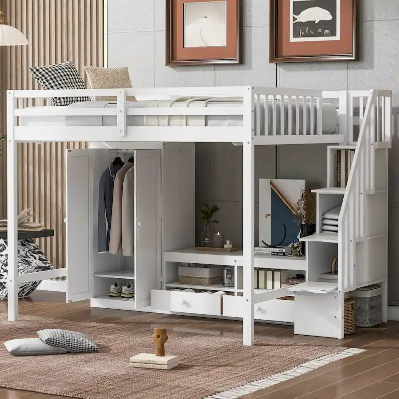 Full Size Solid Wood Loft Bed with Wardrobe and Storage Table